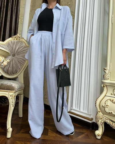 Conjunto Elegante de Camisa Holgada con Cordones y Pantalón Ancho - Image 38