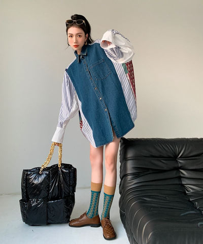 Vestido Camisero Denim con Parches Estilo Coreano Holgado para Mujer - Image 11