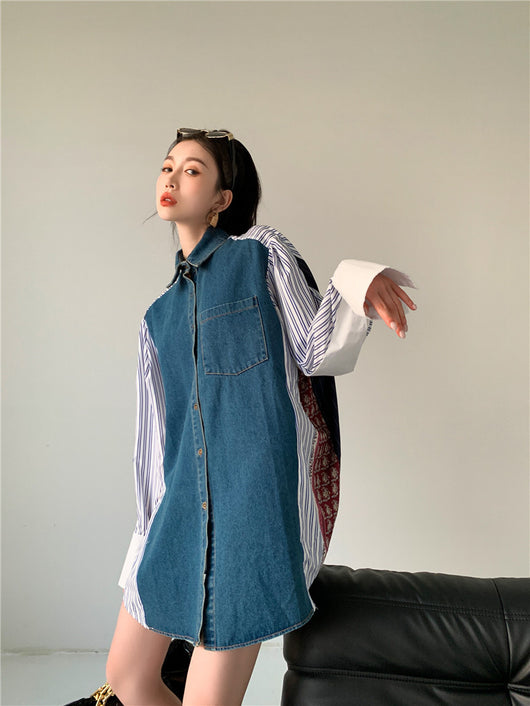 Vestido Camisero Denim con Parches Estilo Coreano Holgado para Mujer - Image 14