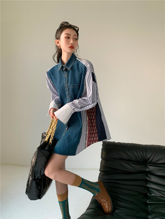 Vestido Camisero Denim con Parches Estilo Coreano Holgado para Mujer - Image 28