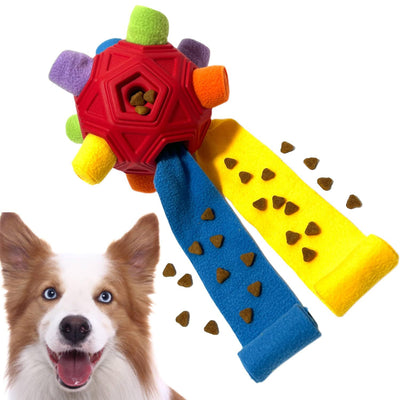 Purple hollow-out pet dog toy ball with colorful fabric protrusions for biting and smelling activities. - Image 12