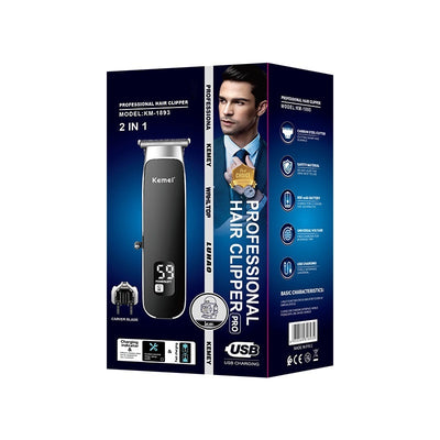 Black and silver electric hair clipper with digital display, guide combs, extra cutter head, cleaning brush, oil, and USB cable. - Image 21