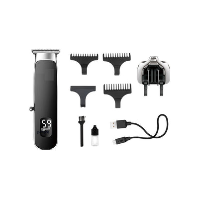 Black and silver electric hair clipper with digital display, guide combs, extra cutter head, cleaning brush, oil, and USB cable. - Image 22
