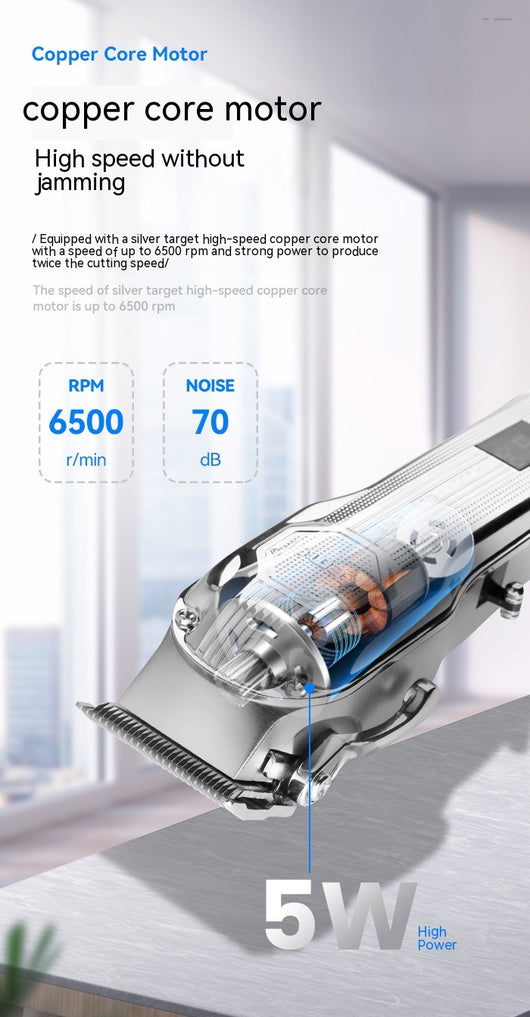 Silver electric hair clipper with LED display, six colorful guide combs, USB charging cable, cleaning brush, and oil. - Image 10