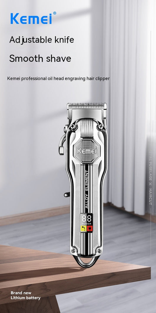 Silver electric hair clipper with LED display, six colorful guide combs, USB charging cable, cleaning brush, and oil. - Image 12