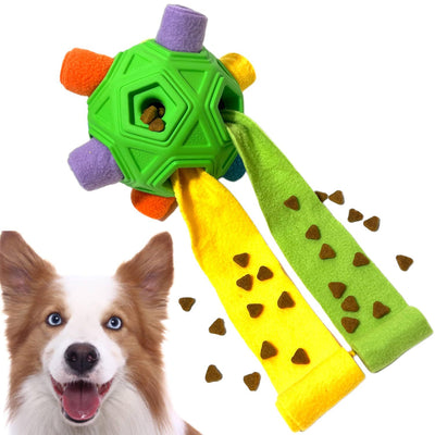 Purple hollow-out pet dog toy ball with colorful fabric protrusions for biting and smelling activities. - Image 20