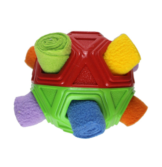 Purple hollow-out pet dog toy ball with colorful fabric protrusions for biting and smelling activities. - Image 21