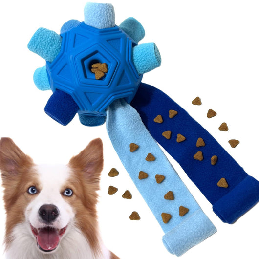 Purple hollow-out pet dog toy ball with colorful fabric protrusions for biting and smelling activities. - Image 22