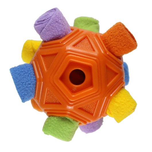 Purple hollow-out pet dog toy ball with colorful fabric protrusions for biting and smelling activities. - Image 24