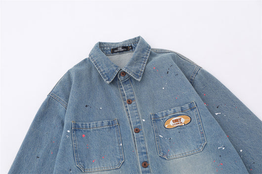 Camisa Denim Oversized con Bolsillos Bordados y Detalles Splash Ink - Image 24