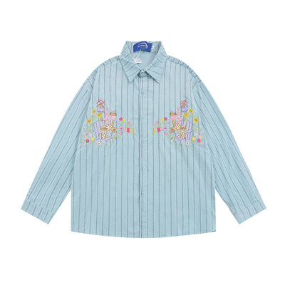 Camisa Casual de Rayas Verticales con Bordados Estilo Street American - Image 20
