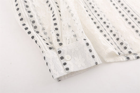 Blusa Suelta de Encaje Calado y Manga Larga con Lunares y Rayas Jacquard - Image 26
