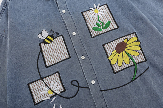 Camisa Denim con Bordado Floral - Abrigo Casual Manga Larga Cuello Polo - Image 25