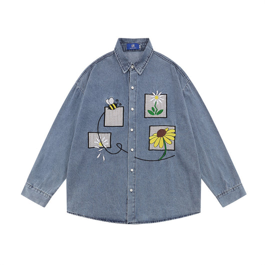 Camisa Denim con Bordado Floral - Abrigo Casual Manga Larga Cuello Polo - Image 33
