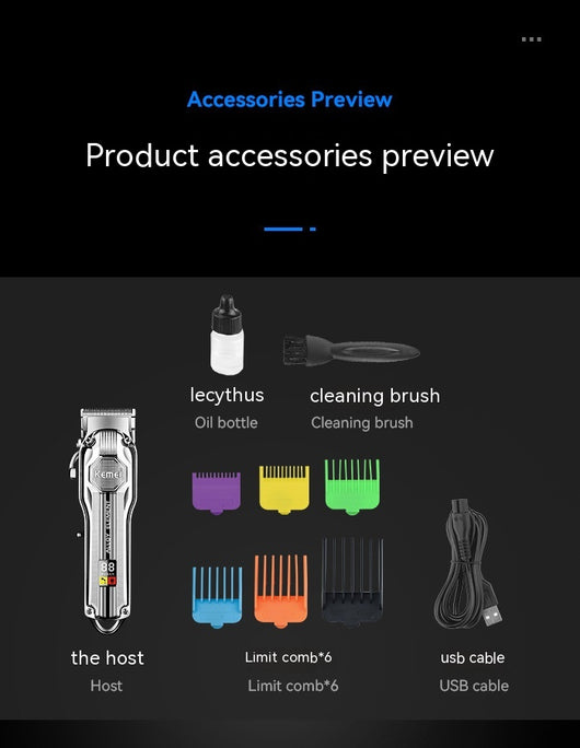 Silver electric hair clipper with LED display, six colorful guide combs, USB charging cable, cleaning brush, and oil. - Image 14