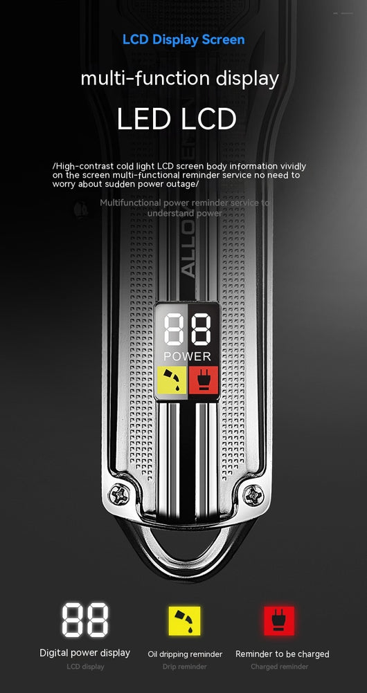 Silver electric hair clipper with LED display, six colorful guide combs, USB charging cable, cleaning brush, and oil. - Image 18