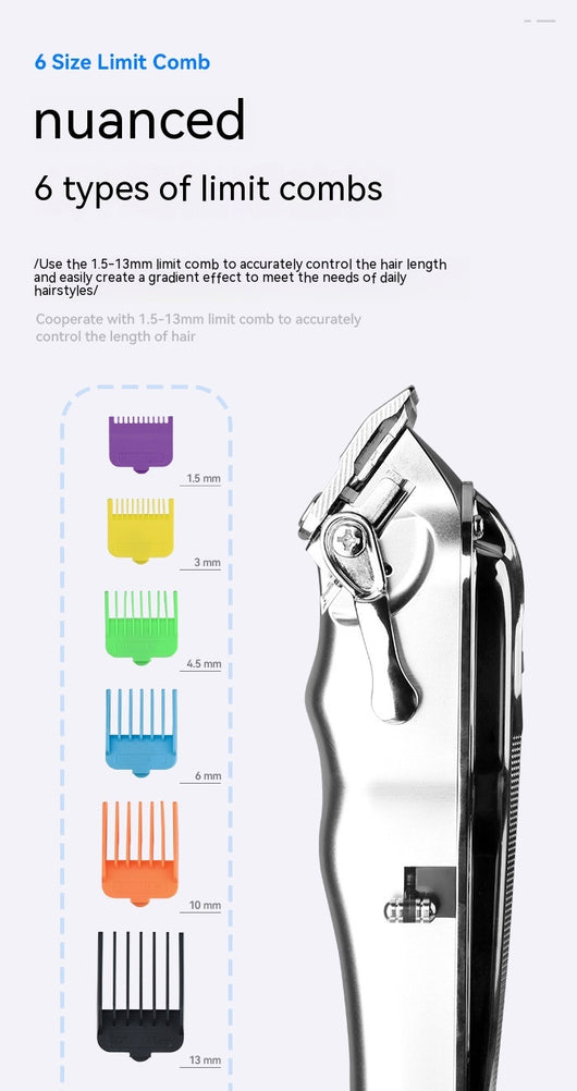 Silver electric hair clipper with LED display, six colorful guide combs, USB charging cable, cleaning brush, and oil. - Image 20