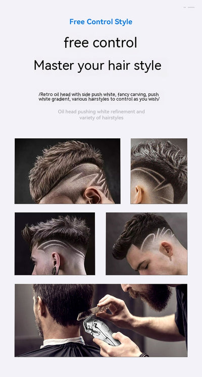 Silver electric hair clipper with LED display, six colorful guide combs, USB charging cable, cleaning brush, and oil. - Image 25