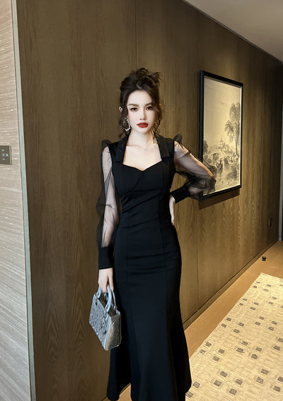 Vestido Largo Cuello Cuadrado Estilo Hepburn con Manga Vuelo - Elegancia Socialité - Image 8