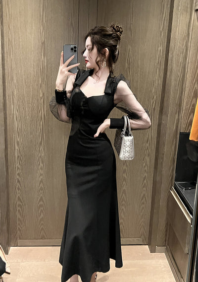 Vestido Largo Cuello Cuadrado Estilo Hepburn con Manga Vuelo - Elegancia Socialité - Image 10