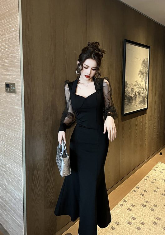 Vestido Largo Cuello Cuadrado Estilo Hepburn con Manga Vuelo - Elegancia Socialité - Image 11