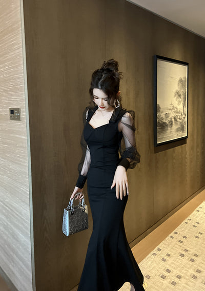Vestido Largo Cuello Cuadrado Estilo Hepburn con Manga Vuelo - Elegancia Socialité - Image 13