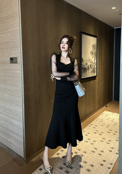 Vestido Largo Cuello Cuadrado Estilo Hepburn con Manga Vuelo - Elegancia Socialité - Image 16