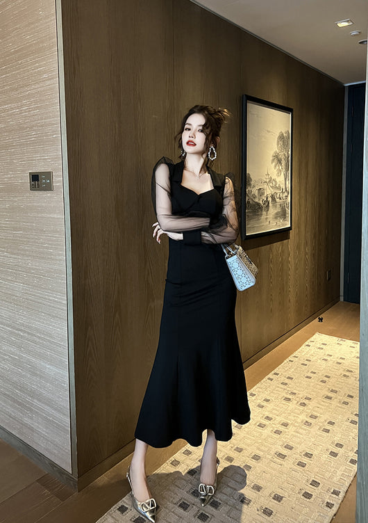 Vestido Largo Cuello Cuadrado Estilo Hepburn con Manga Vuelo - Elegancia Socialité - Image 16