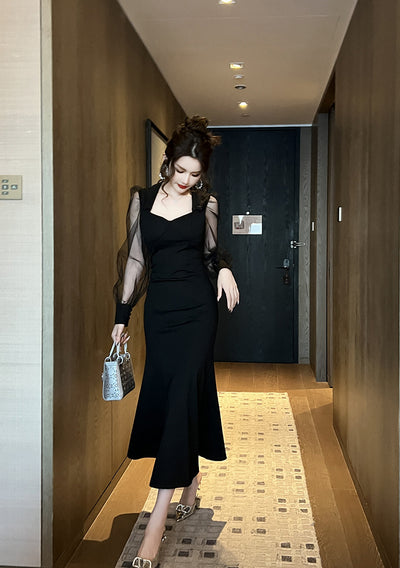 Vestido Largo Cuello Cuadrado Estilo Hepburn con Manga Vuelo - Elegancia Socialité - Image 21