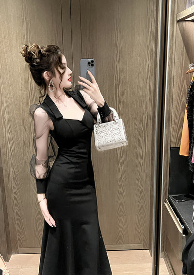 Vestido Largo Cuello Cuadrado Estilo Hepburn con Manga Vuelo - Elegancia Socialité - Image 23
