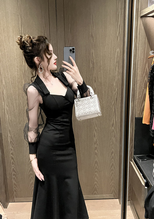 Vestido Largo Cuello Cuadrado Estilo Hepburn con Manga Vuelo - Elegancia Socialité - Image 23