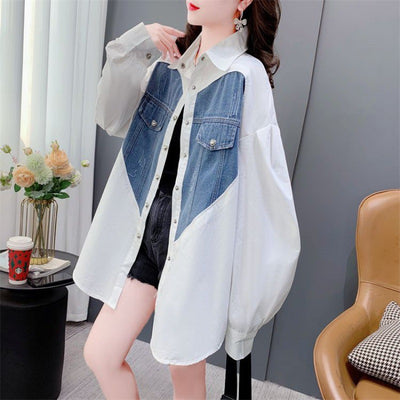 Camisa Denim Holgada con Patchwork a Rayas - Estilo Casual y Desenfadado - Image 11
