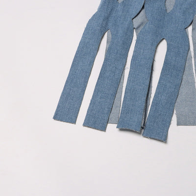 Cardigan Denim Largo con Diseño Hueco y Borlas Retorcidas para Mujer - Image 8