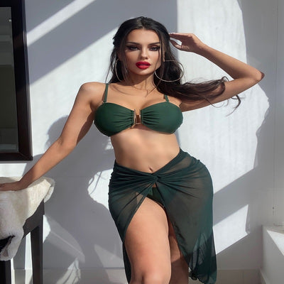 Bright green three-piece bikini set with a ruched bandeau top, matching bottoms, and a sheer knotted sarong skirt. - Image 20