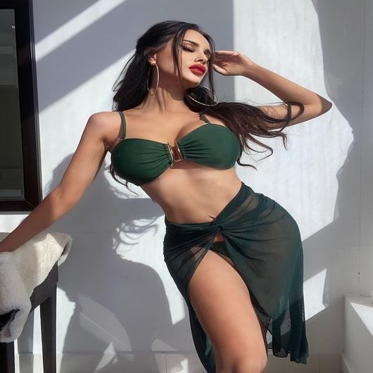 Bright green three-piece bikini set with a ruched bandeau top, matching bottoms, and a sheer knotted sarong skirt. - Image 21