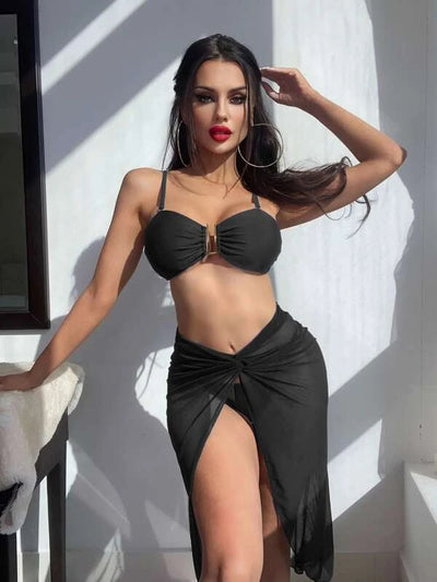 Bright green three-piece bikini set with a ruched bandeau top, matching bottoms, and a sheer knotted sarong skirt. - Image 24