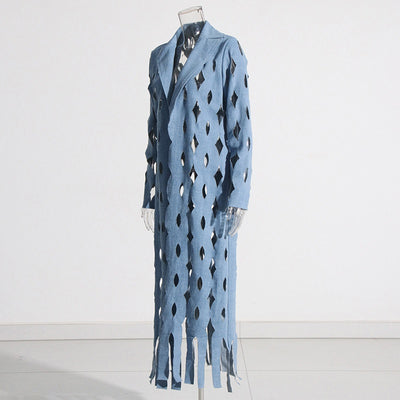 Cardigan Denim Largo con Diseño Hueco y Borlas Retorcidas para Mujer - Image 16