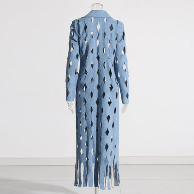 Cardigan Denim Largo con Diseño Hueco y Borlas Retorcidas para Mujer - Image 17