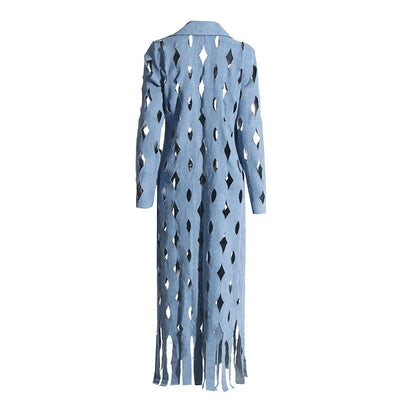 Cardigan Denim Largo con Diseño Hueco y Borlas Retorcidas para Mujer - Image 19