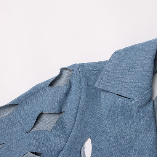 Cardigan Denim Largo con Diseño Hueco y Borlas Retorcidas para Mujer - Image 23