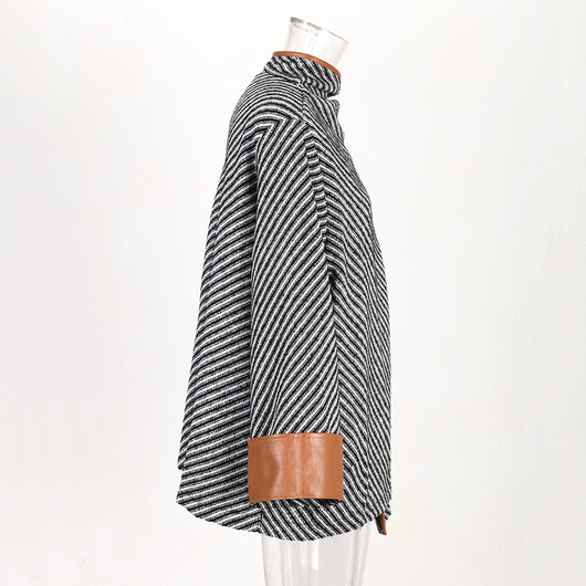 Abrigo de Lana Rayado con Cuello Maillard para Otoño e Invierno - Image 16