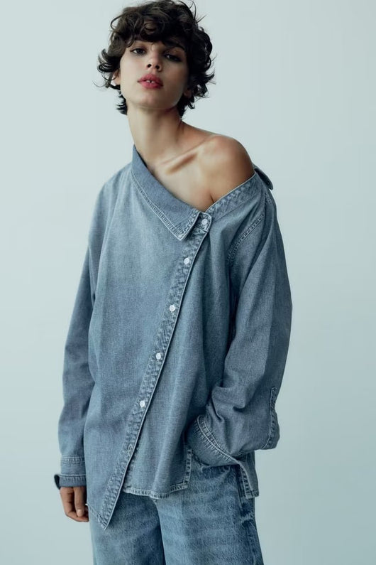 Camisa Denim Asimétrica Casual para Mujer - Image 27