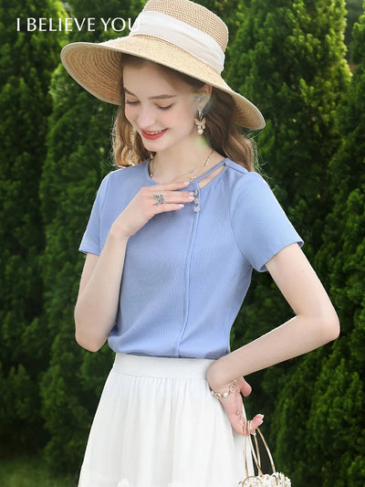 Blusa Ajustada de Punto Azul Manga Corta Efecto Adelgazante - Image 13