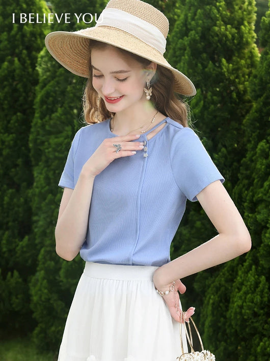 Blusa Ajustada de Punto Azul Manga Corta Efecto Adelgazante - Image 13
