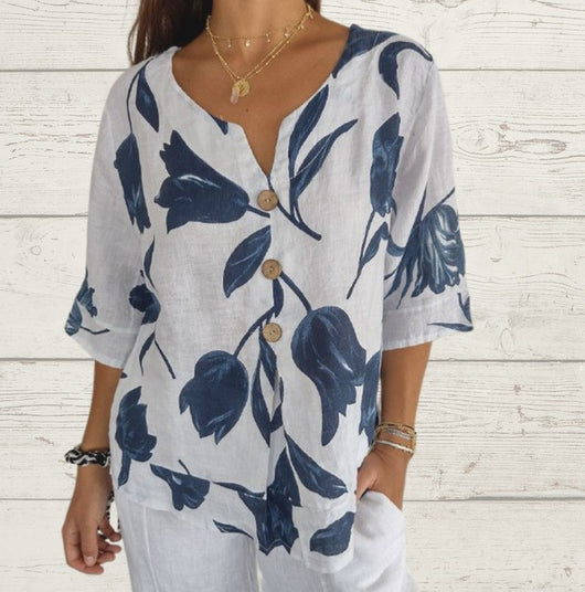Blusa Estampada de Algodón y Lino con Cuello en V - Image 7