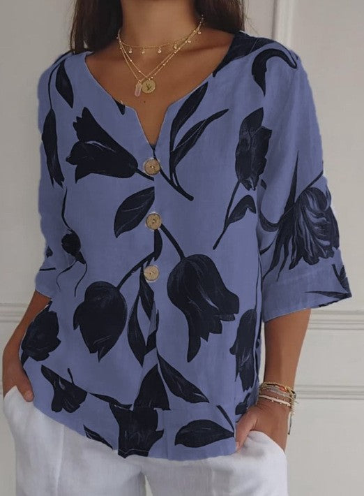 Blusa Estampada de Algodón y Lino con Cuello en V - Image 9