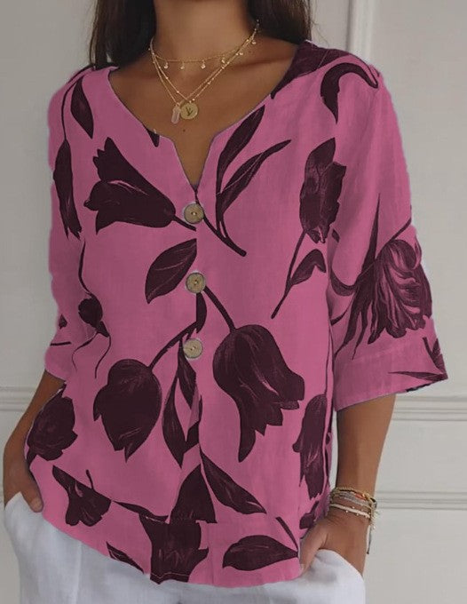 Blusa Estampada de Algodón y Lino con Cuello en V - Image 12