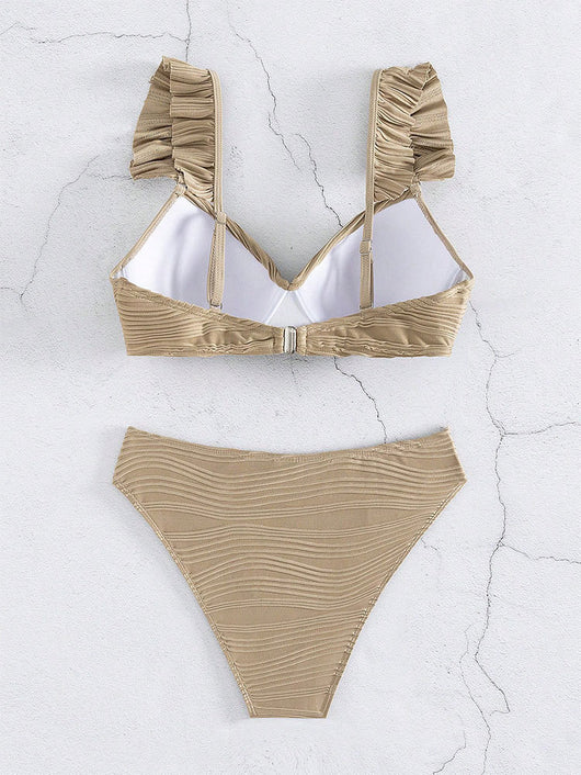 Black ruched high-waisted bikini swimsuit with ruffled shoulder straps and a twisted front detail. - Image 17
