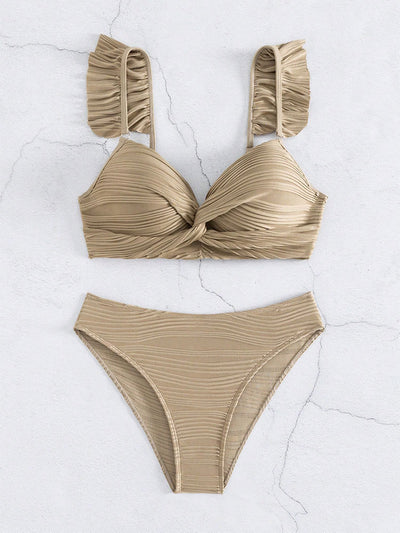 Black ruched high-waisted bikini swimsuit with ruffled shoulder straps and a twisted front detail. - Image 18