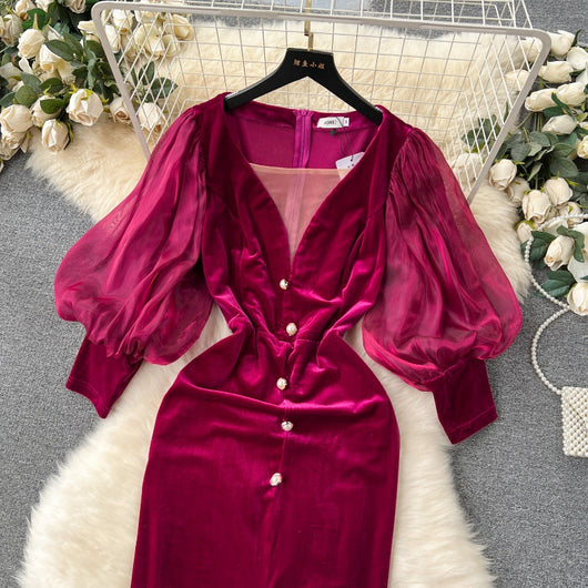 Vestido Vintage de Terciopelo Lujo Accesible con Mangas Farol - Image 26